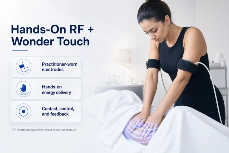 Wonder Touch hands-on RF treatment visual showing practitioner-worn electrodes, cable, and direct manual treatment contact