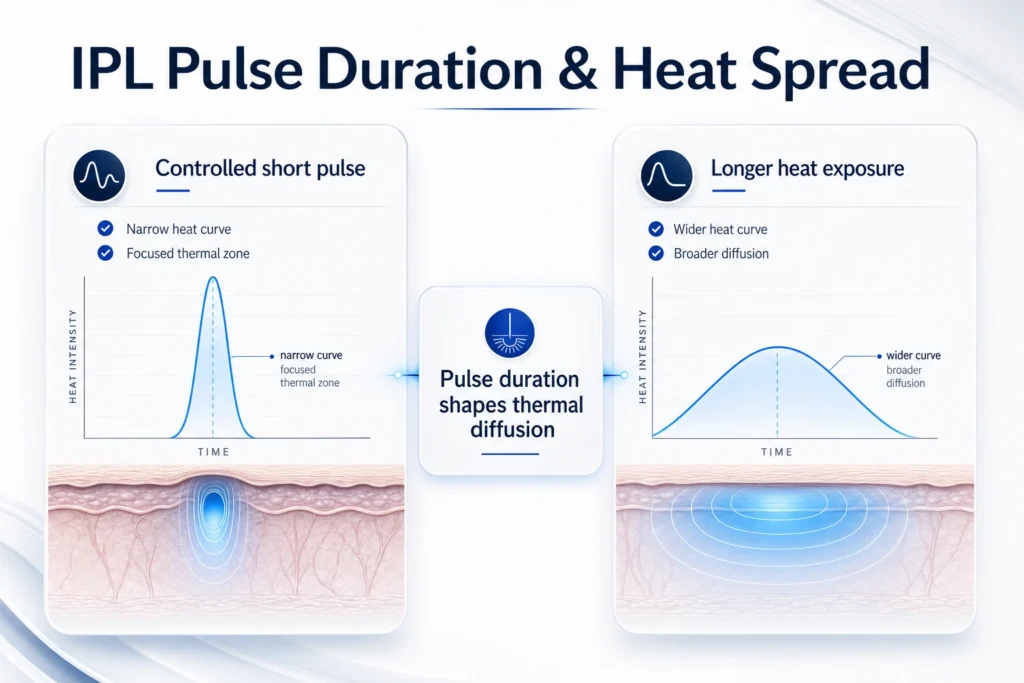 IPL pulse duration and heat spread infographic showing controlled short pulse versus longer heat exposure