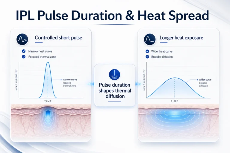 IPL pulse duration and heat spread infographic showing controlled short pulse versus longer heat exposure