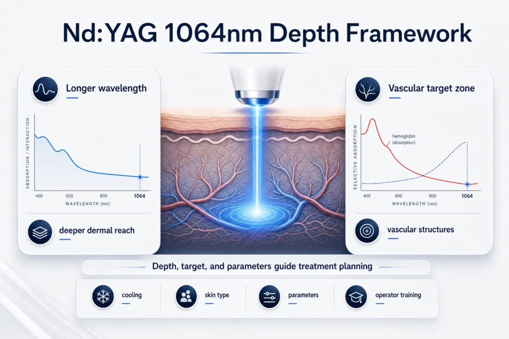 Nd:YAG 1064nm depth framework infographic showing wavelength depth and vascular target planning