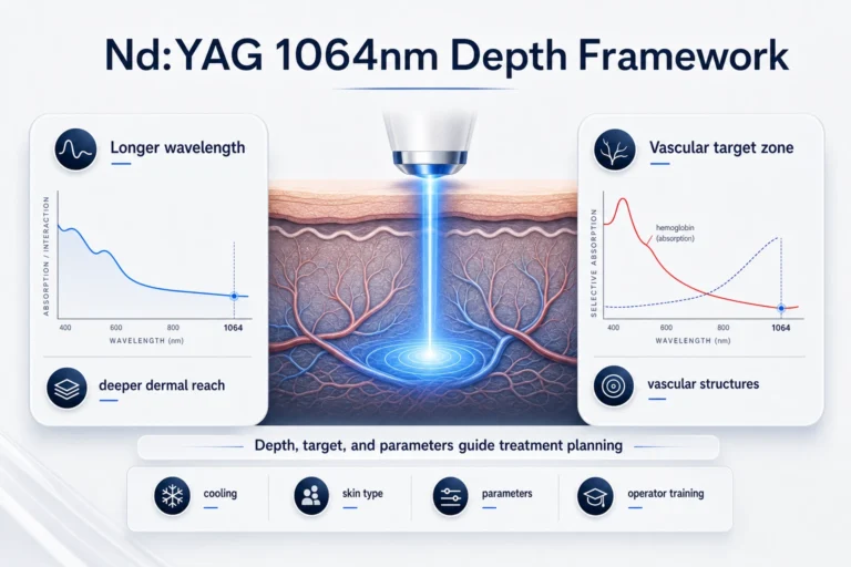 Nd:YAG 1064nm depth framework infographic showing wavelength depth and vascular target planning